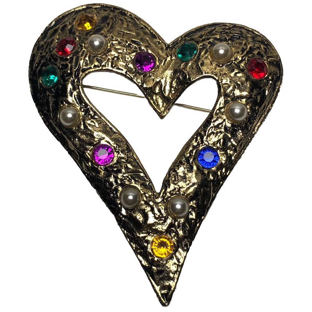 Vintage Heart Brooch Gold Tone Rhinestone Faux Pearl 80s Statement Pin 3.5"